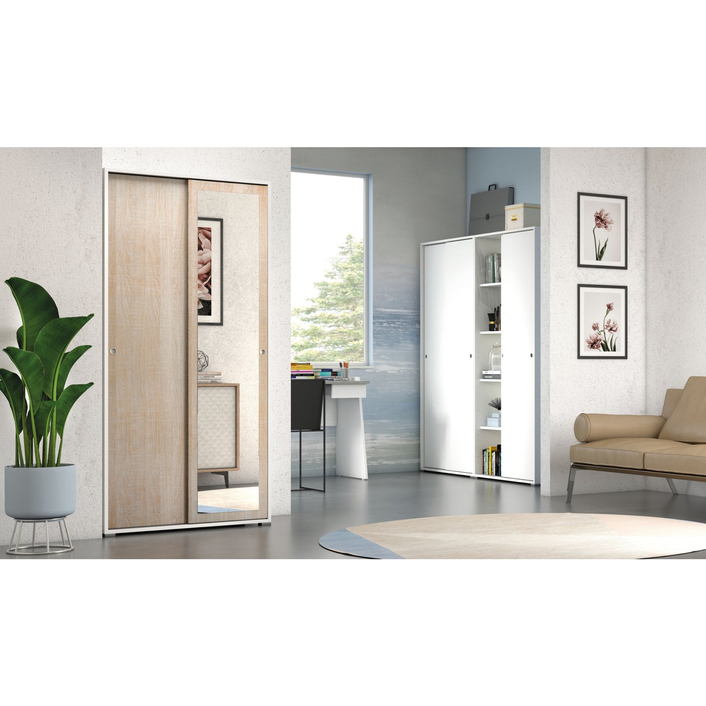 MOBILE CON DOPPIA ANTA SCORREVOLE E QUATTRO RIPIANI REGOLABILI.