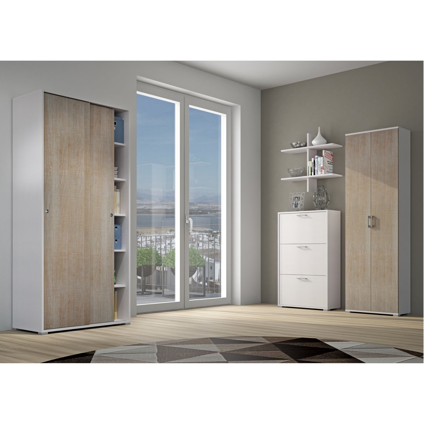 MOBILE CON DOPPIA ANTA SCORREVOLE E QUATTRO RIPIANI REGOLABILI.