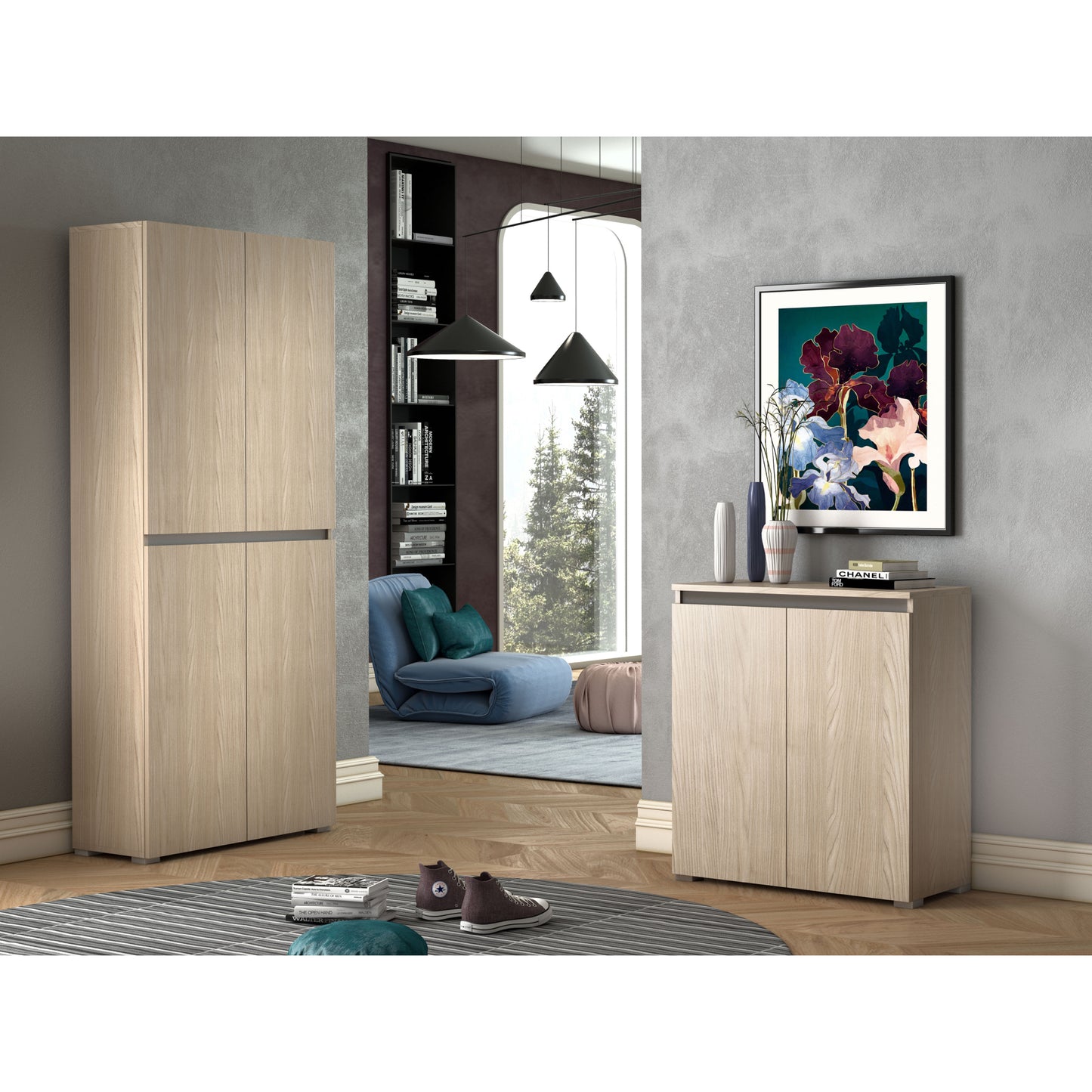 MOBILE MULTIUSO CON 4 ANTE, MANIGLIA A GOLA, 7 RIPIANI REGOLABILI