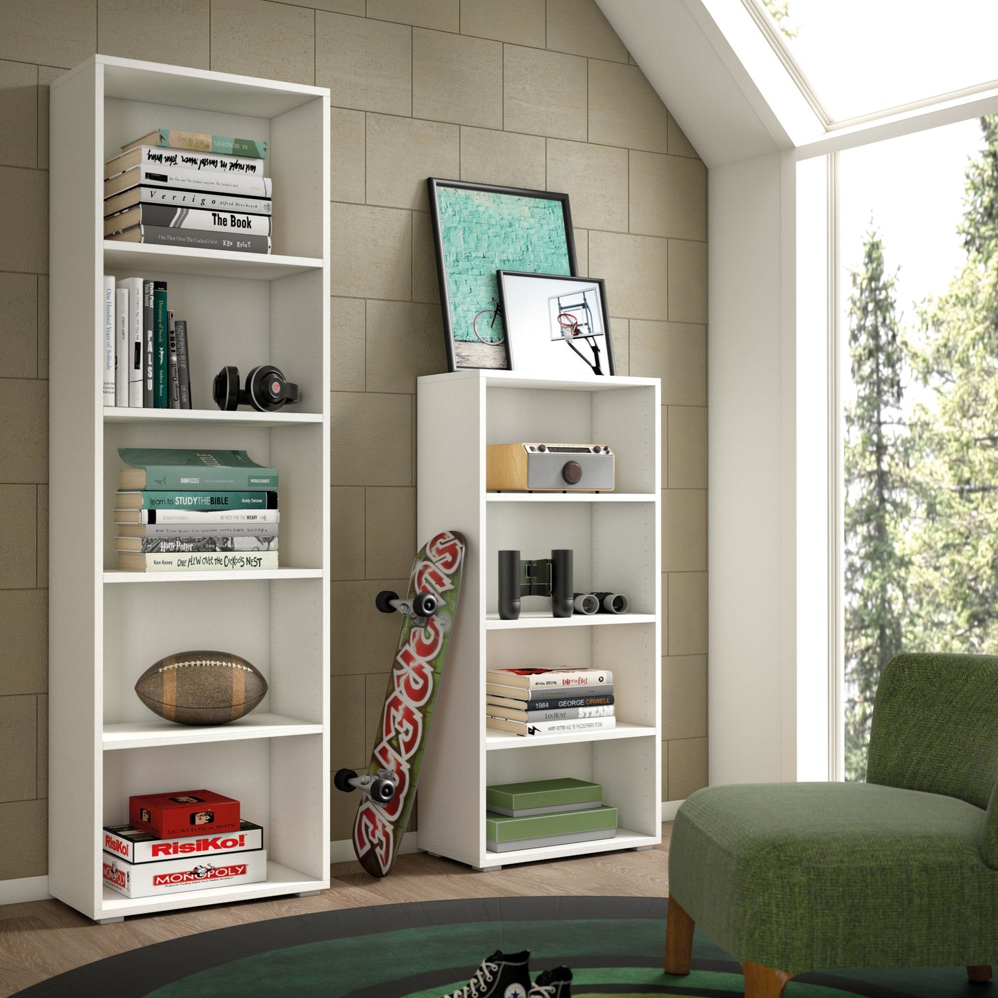 LIBRERIA COMPATTA CON CINQUE RIPIANI REGOLABILI.